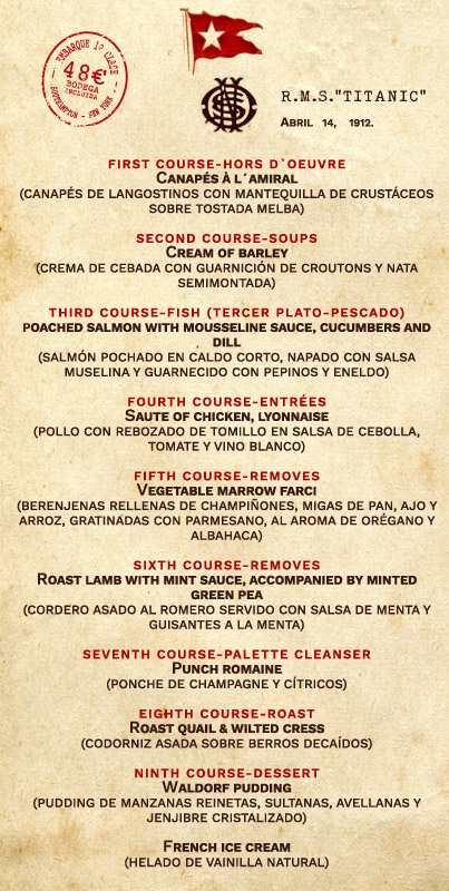 Menú de Cine Última Cena en el Titanic en Quintanarejo